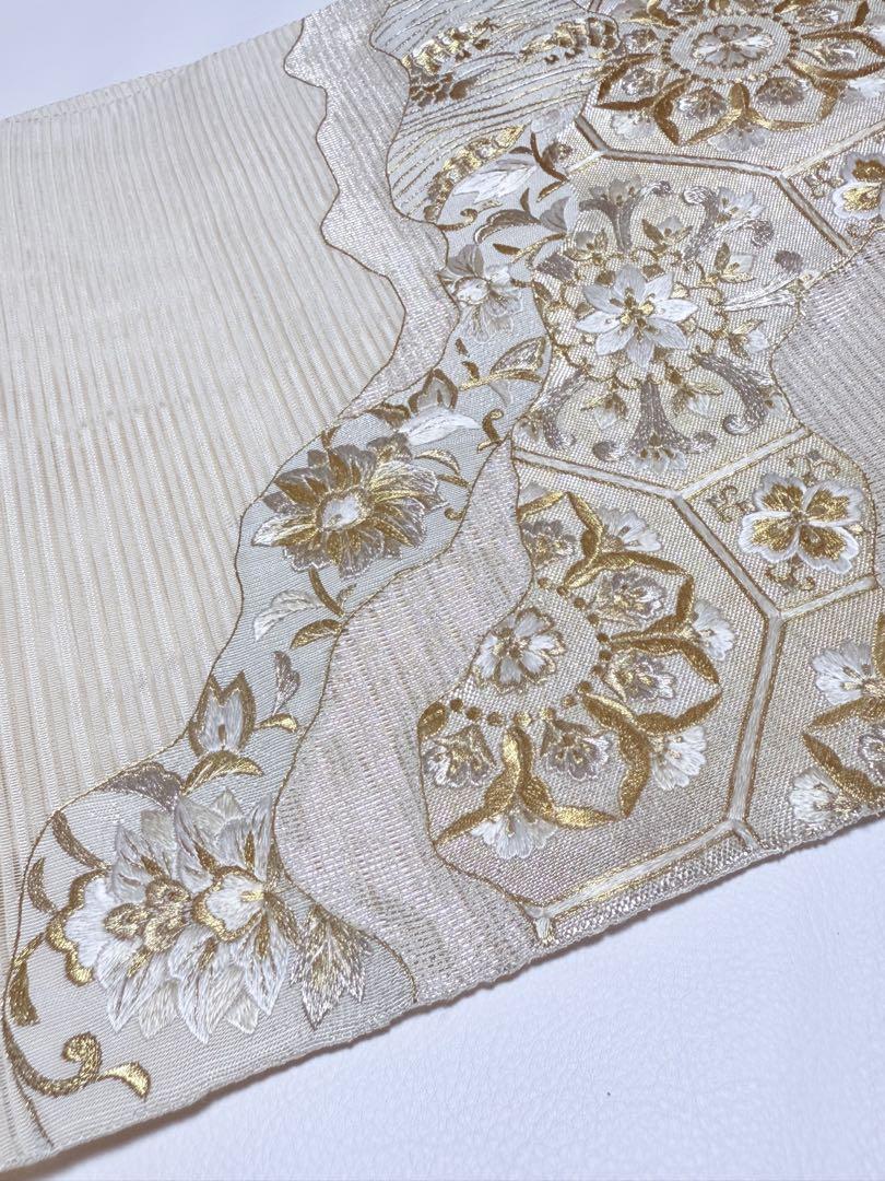 高級 袋帯 正絹 お太鼓柄 蘇州刺繍 夏帯 絽織 オフホワイト 中国