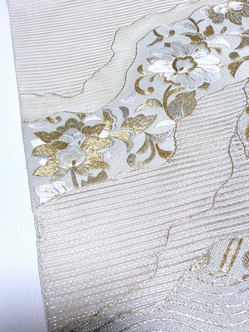 高級 袋帯 正絹 お太鼓柄 蘇州刺繍 夏帯 絽織 オフホワイト 中国