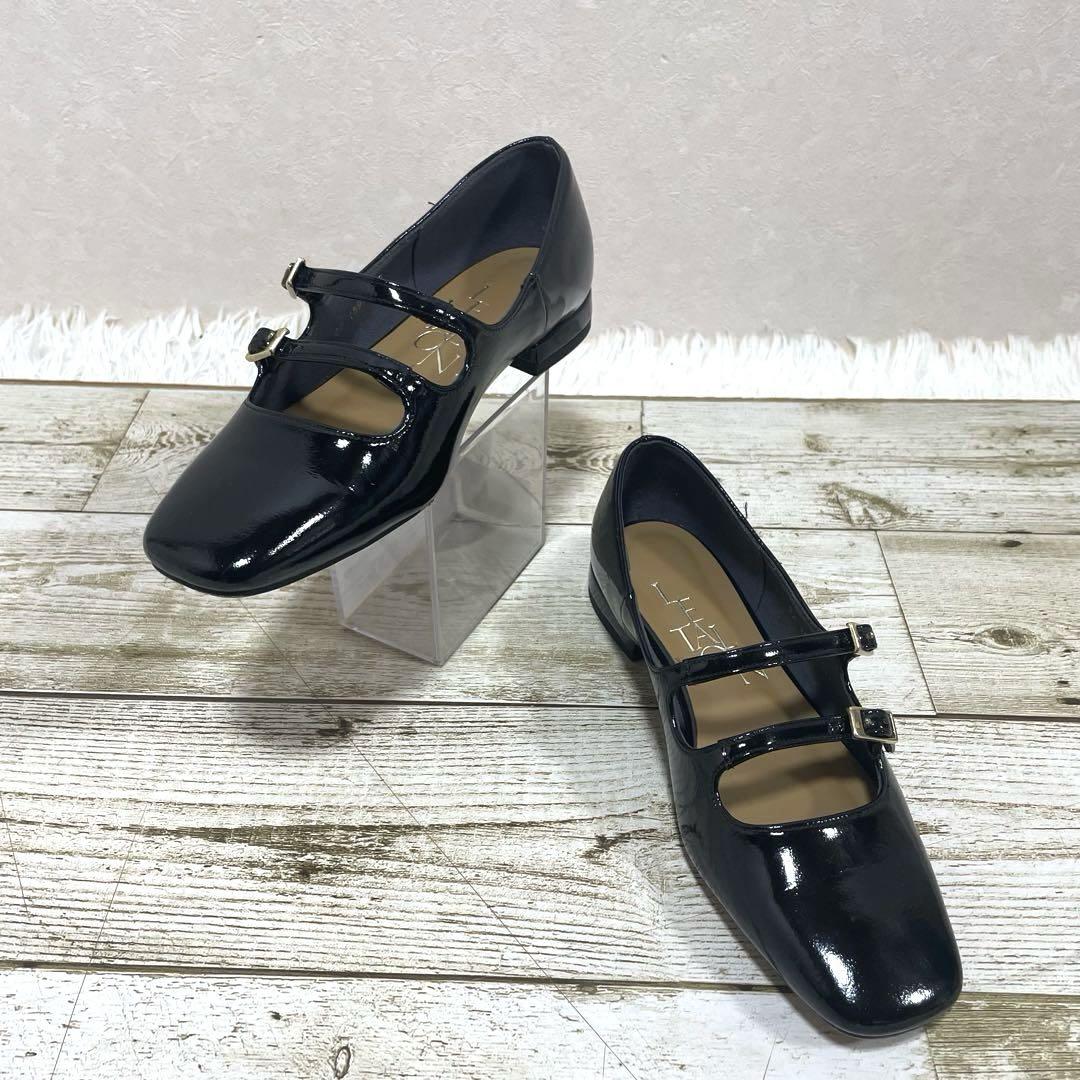 【美品】LE TALON ダブルストラップ エナメル フラット パンプス 黒