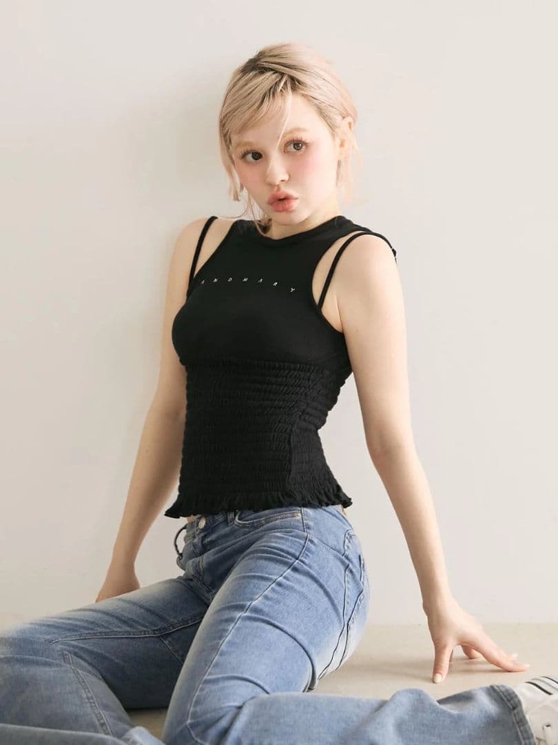 andmary Ami shirring logo tops black