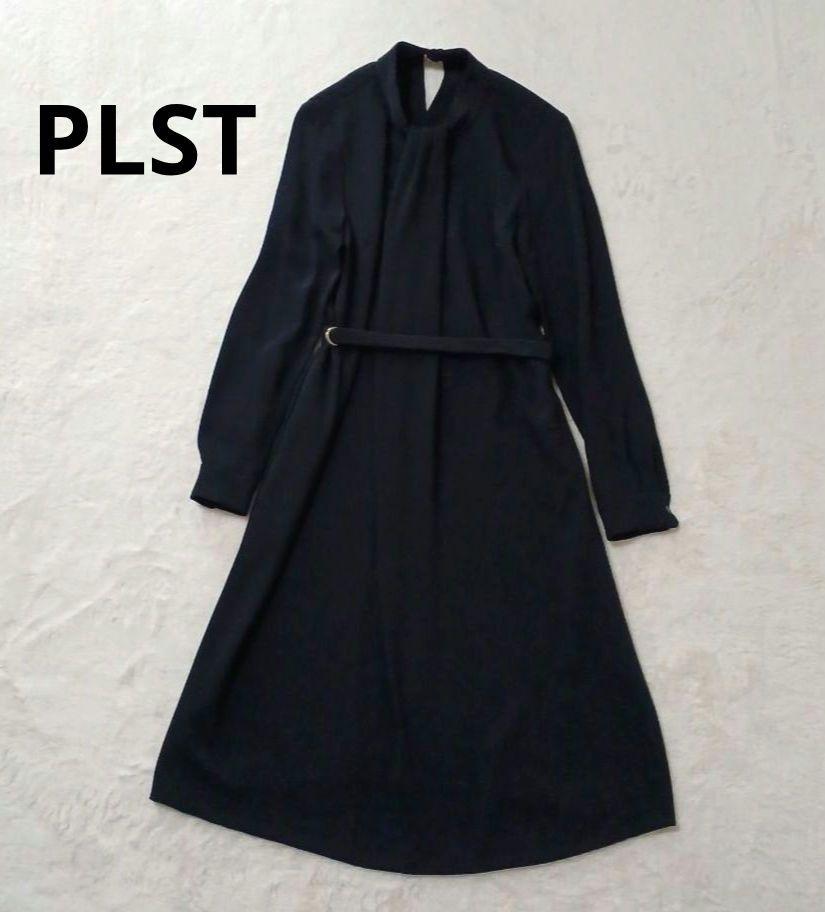 美品✨PLST　マットサテンノットカラーワンピース ベルト ボウタイ風 ネイビー
