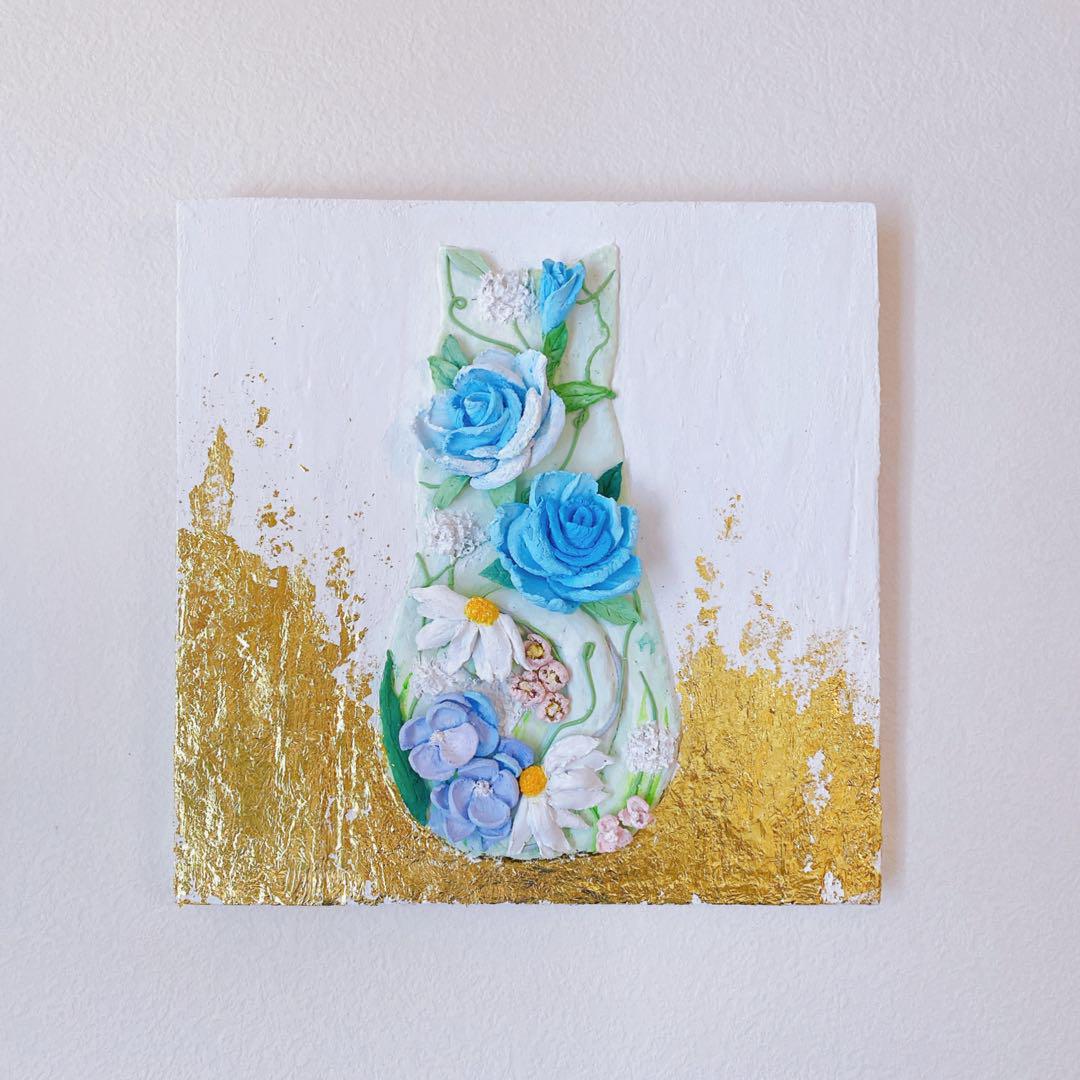 【テクスチャーアート】ゴールド　インテリアパネル  絵画 原画 インテリア 猫