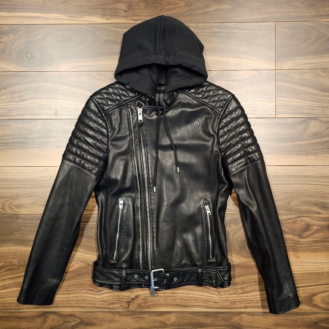 ALLSAINTS COBDEN レザーバイカーライダースジャケット フード付き ALLSAINTS COBDEN レザーバイカーライダースジャケット フード付き