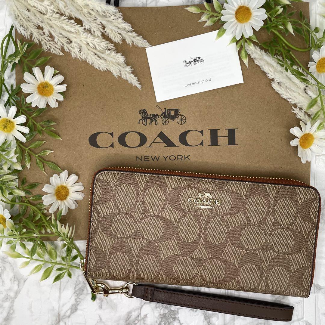 COACH☆コーチ 長財布 シグネチャー ストラップ付き ブラウン