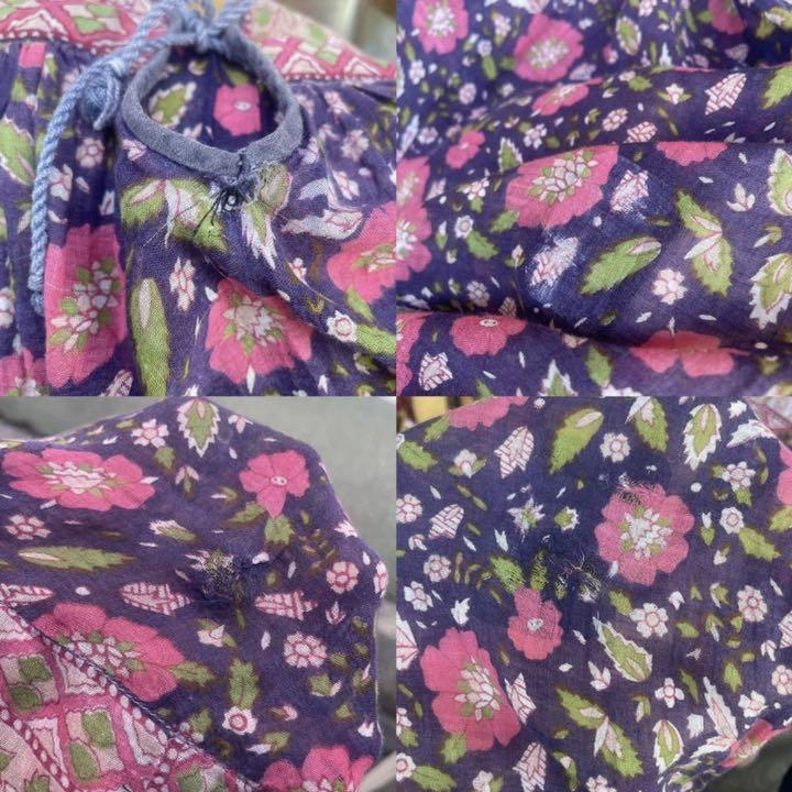 70s vintage インド綿ワンピース 花柄 紫 ガーゼ ビンテージ 古着