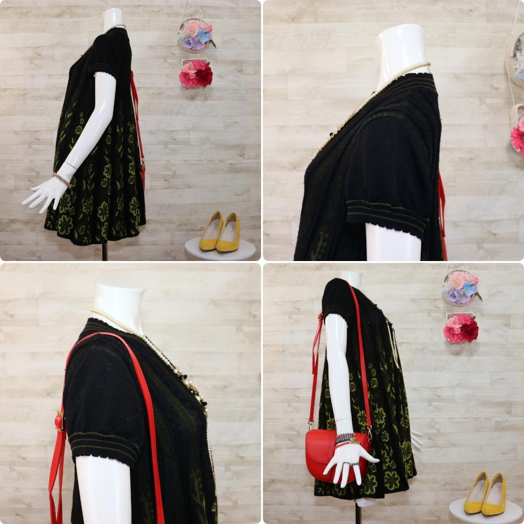 トクコプルミエヴォル 花柄ニット刺繍ワンピース M 黒×緑 Aライン