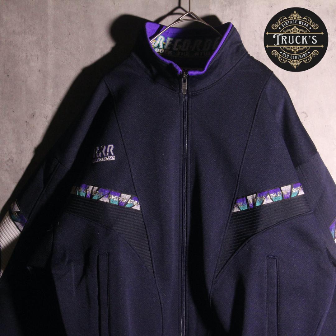 古着　アシックス　トラックジャケット　９０’s 　太アーム　L 紺　ネイビー