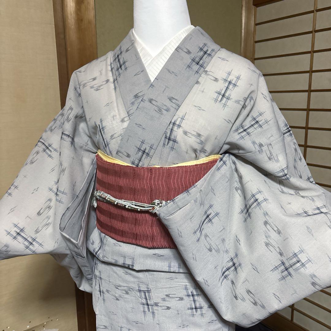 化繊結城紗紬風小紋フルセット4点 美品着物+夏羅帯+夏帯締め+夏