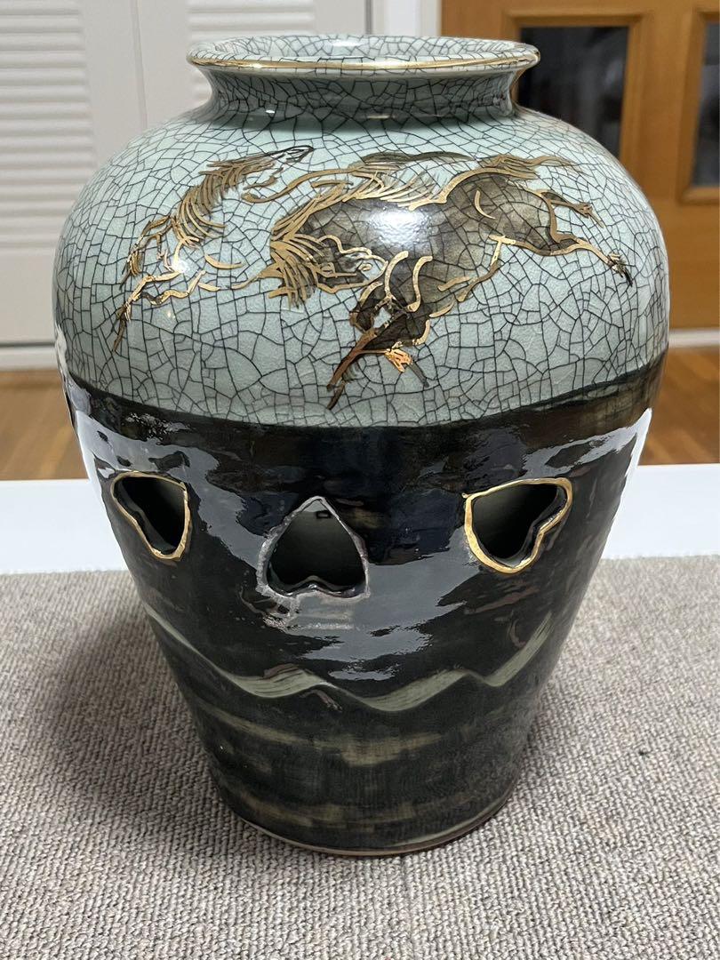 相馬焼 花瓶 金彩 走り駒 二重焼 青磁釉 青ひび焼 透彫