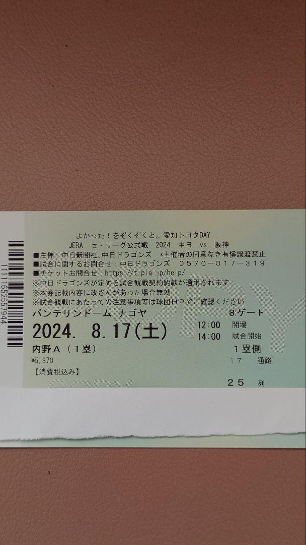 2024.8.17(土) 中日vs阪神 内野Ａ １塁側 ２５列  １枚