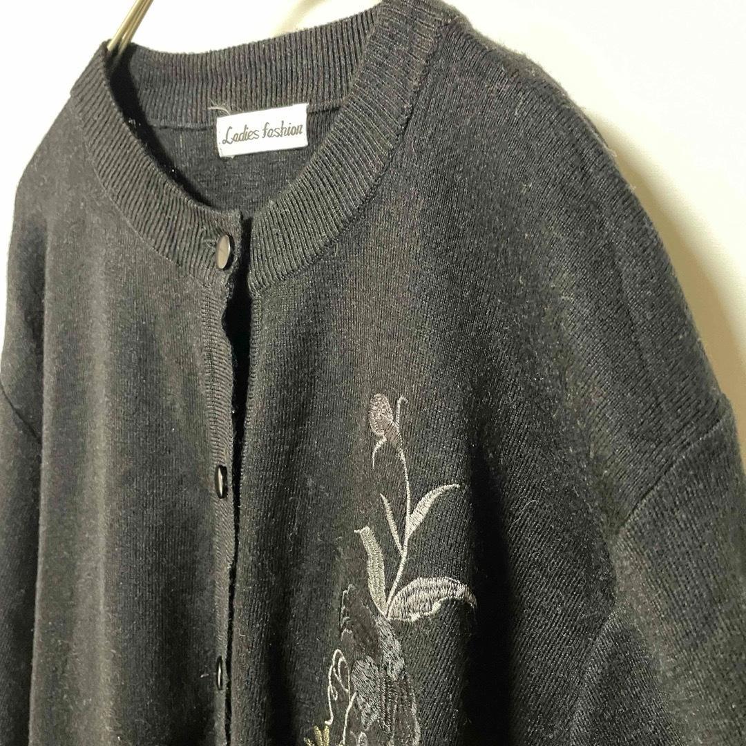 刺繍デザイン ブラック 長袖カーディガン 2771❤️ ladies fashion 長袖カーディガン Fサイズ 刺繍 黒
