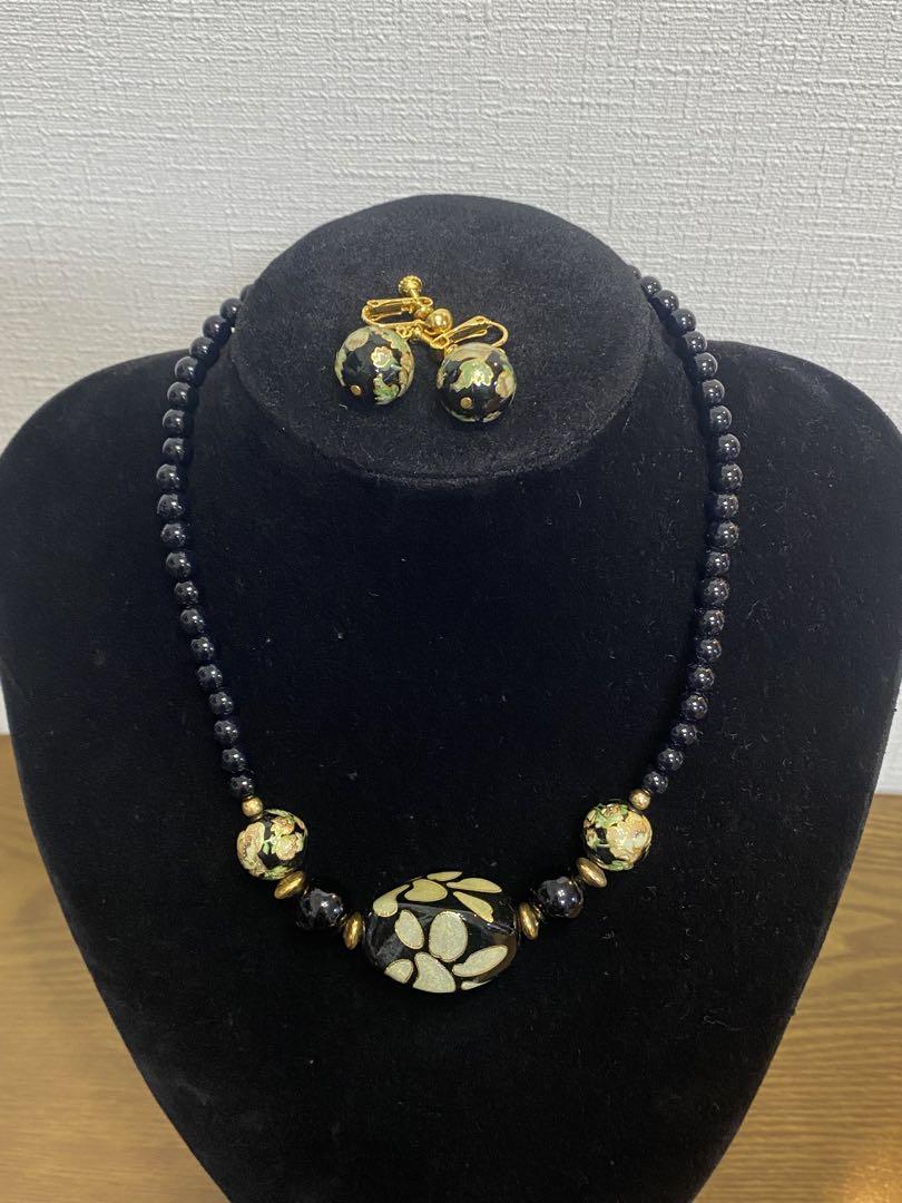 ネックレス　イヤリング　九谷焼　黒　和風　和装小物　箱付き　 セット