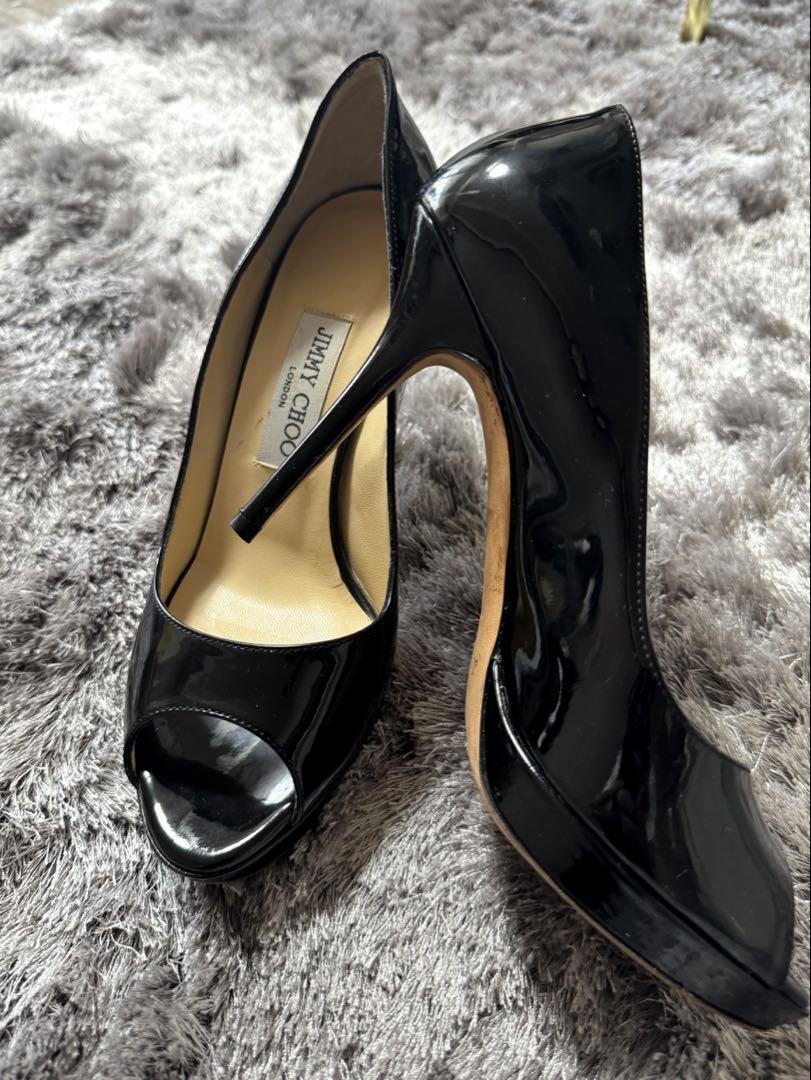 JIMMY CHOO ブラックハイヒール オープントゥ エナメル 38