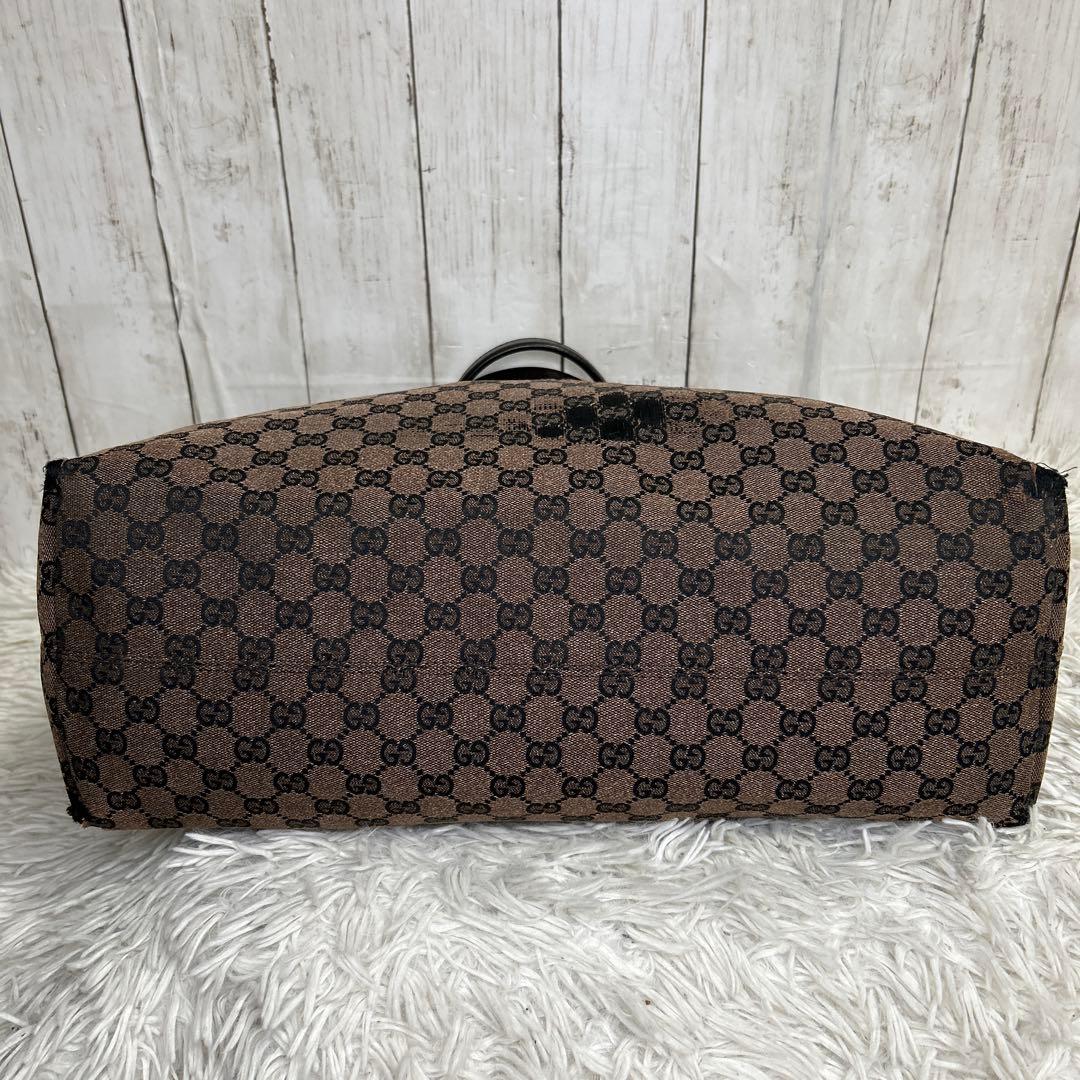 GUCCI GGキャンバス　トートバッグ　ブラウン　レザー　ロゴ　大容量