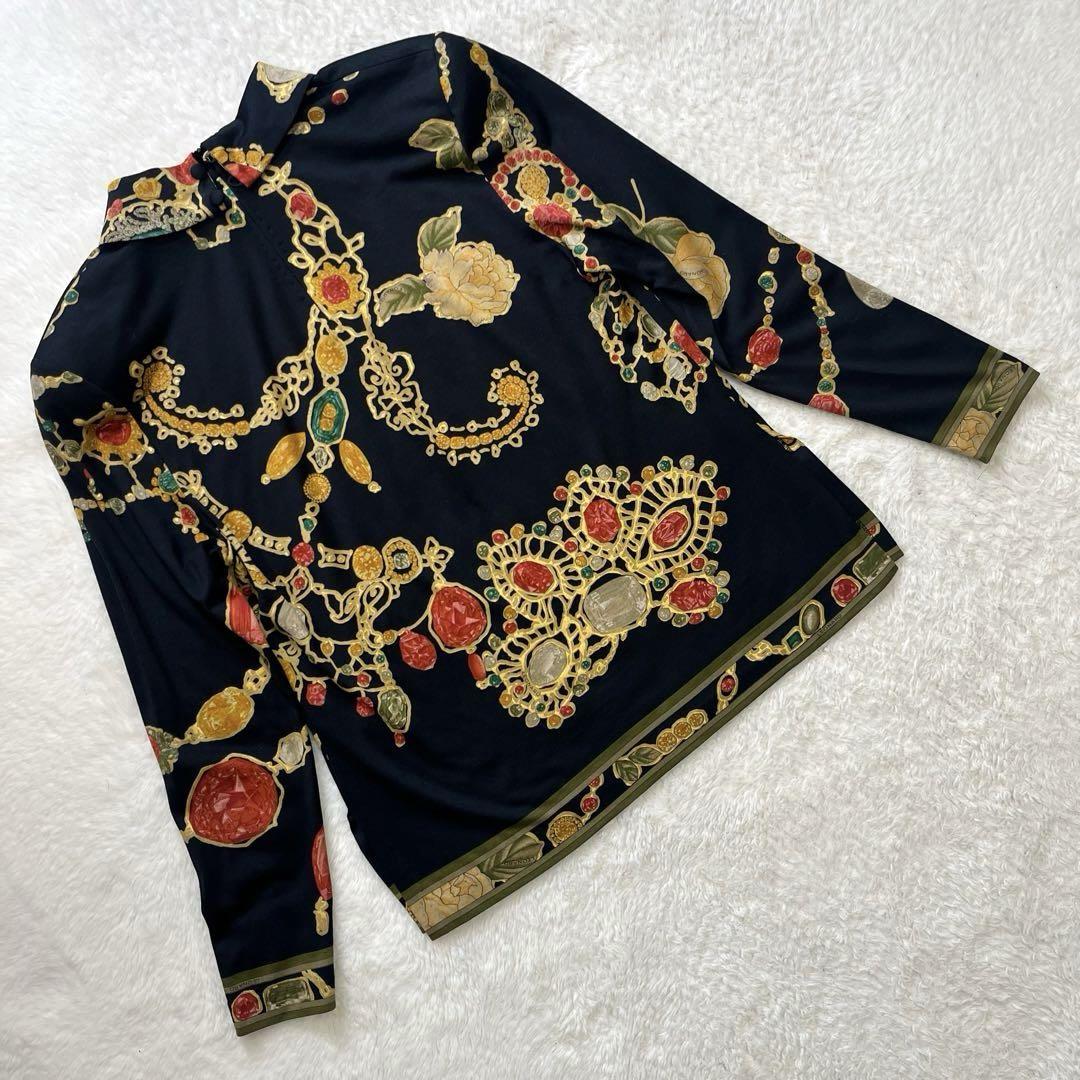 美品 LEONARD レオナール 長袖 ブラウス 宝石 花柄 ブラック Mサイズ