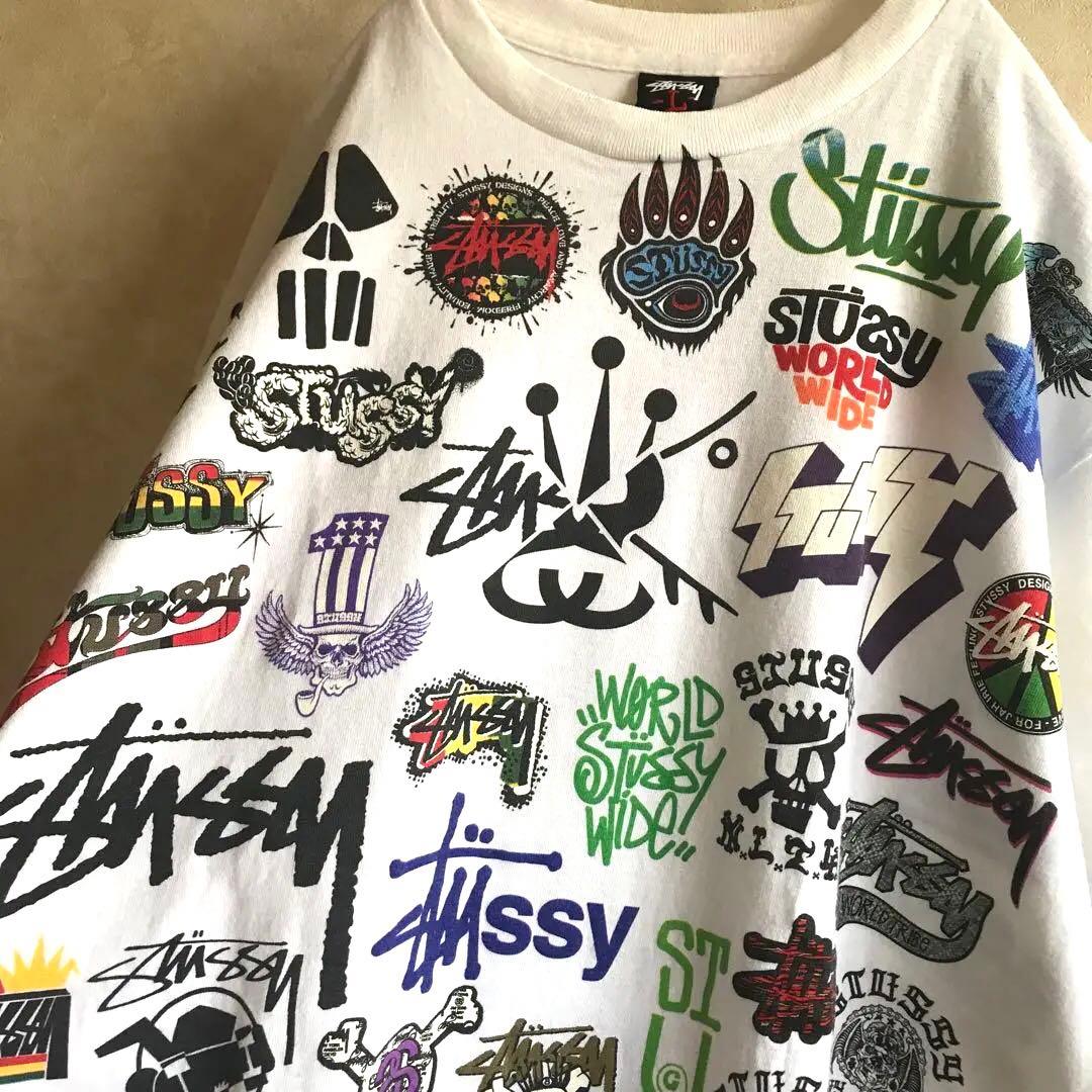 古着 希少 00s ステューシー歴代ロゴ総柄 tシャツ 白 L 正式的