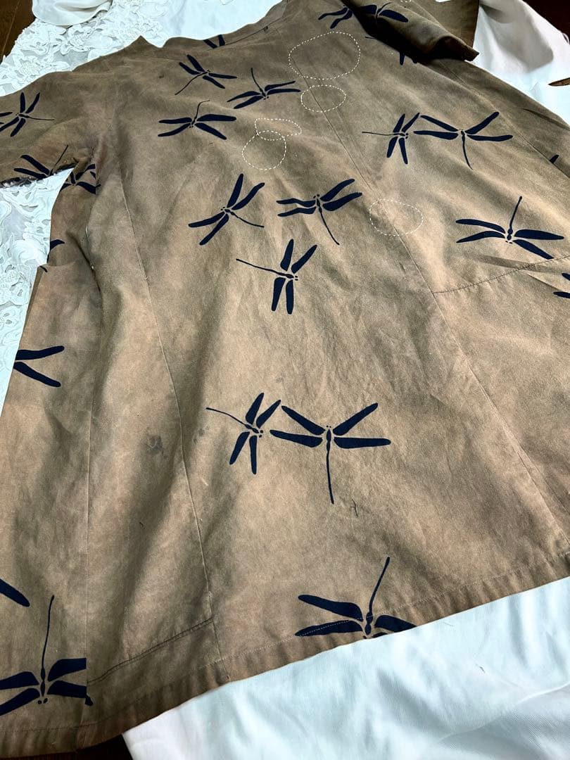 浴衣リメイク柿渋染め墨染め刺し子とんぼ柄ワンピース