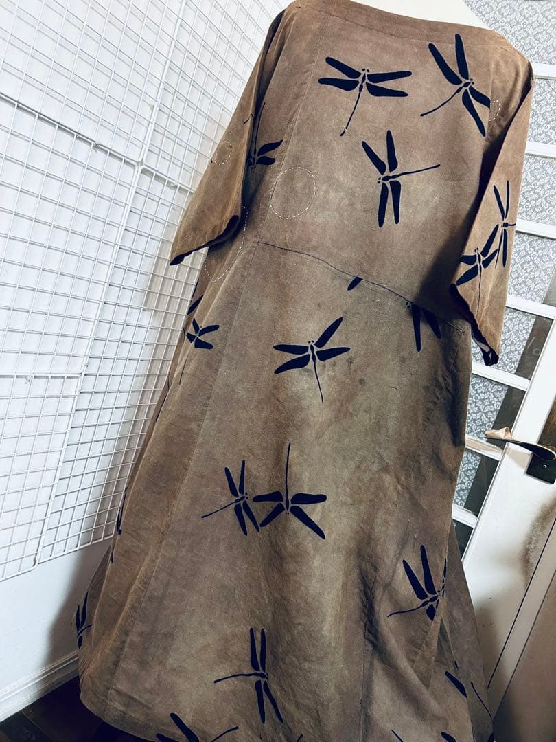 浴衣リメイク柿渋染め墨染め刺し子とんぼ柄ワンピース