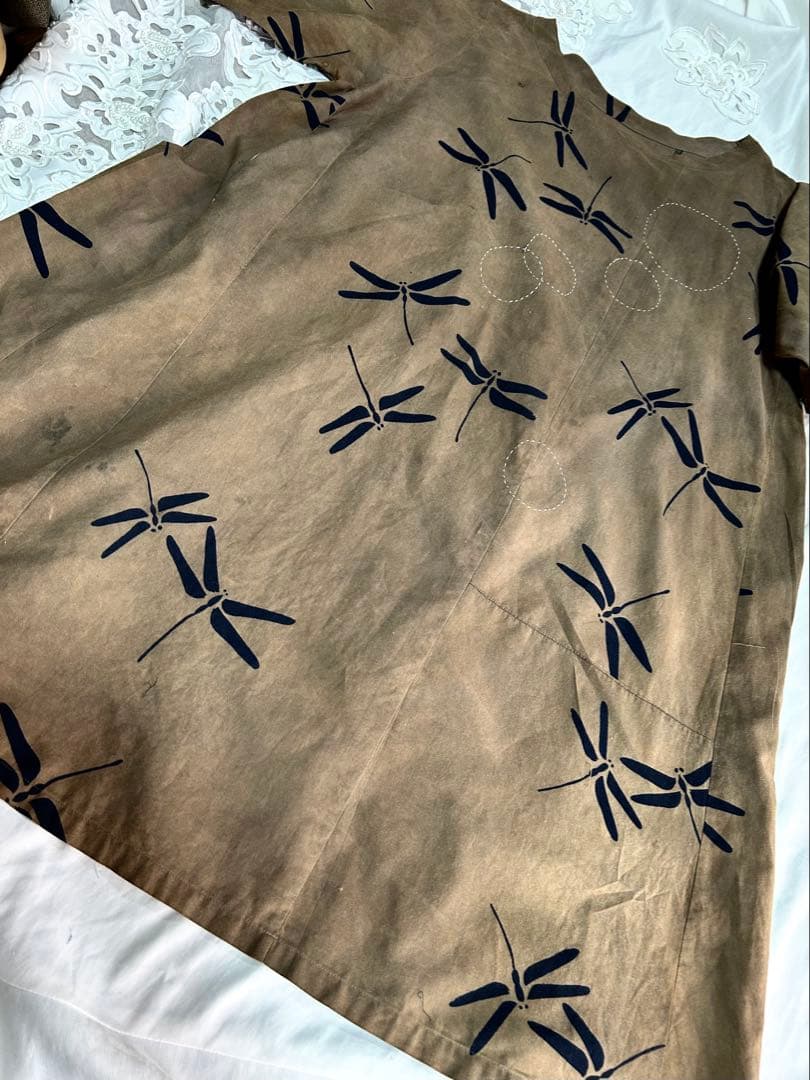 浴衣リメイク柿渋染め墨染め刺し子とんぼ柄ワンピース