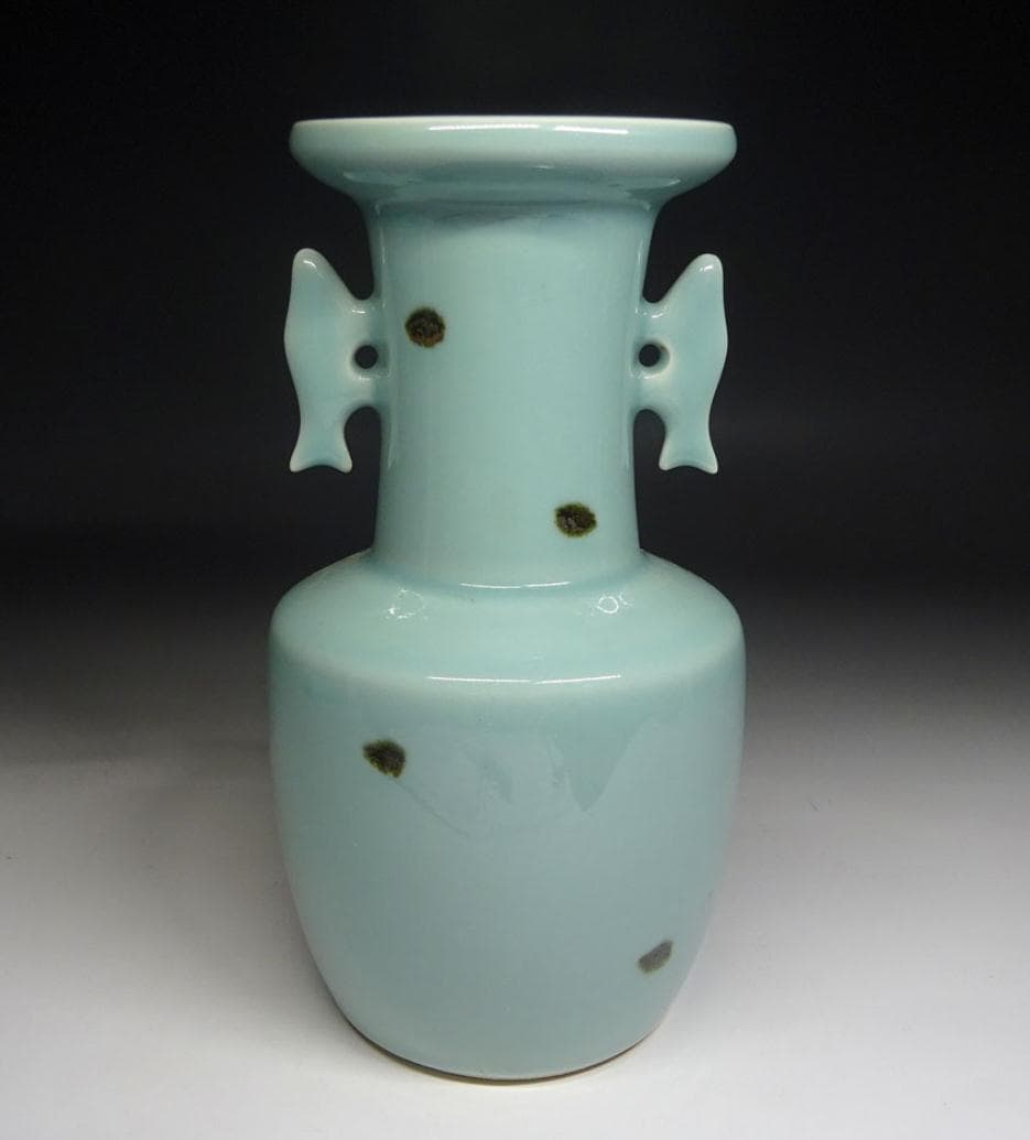 砥部焼 栖山窯 飛青磁 双魚耳 花瓶 高約20.5cm 時代物 t06201 fkip