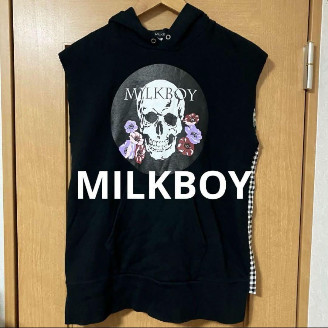 【雰囲気抜群❗️】00's MILKBOY 総柄 骸骨 花 袖無しパーカー Y2K