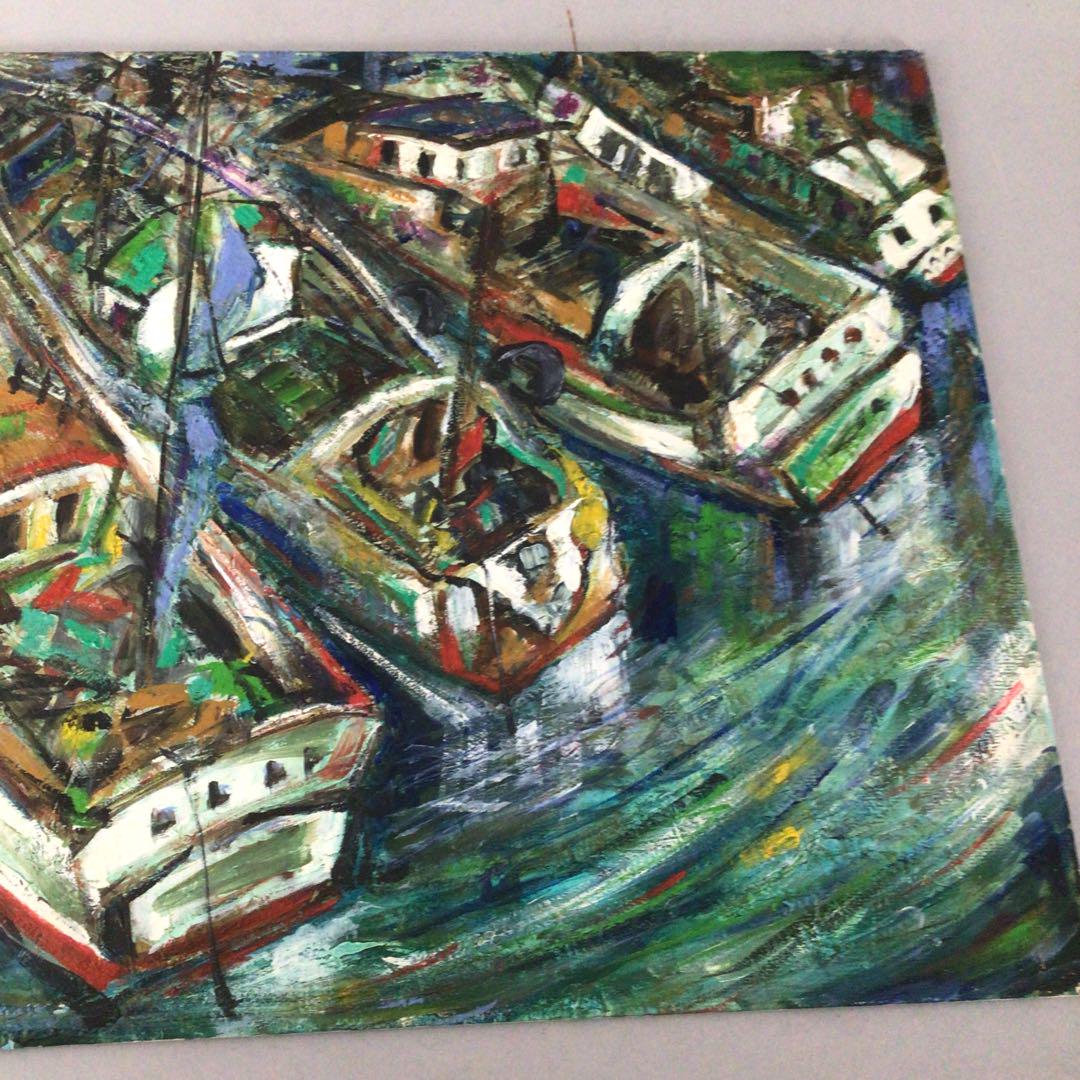 No3652 額装　作者不詳　油彩画　港図　F8 紙箱付　洋画　風景画　送料無料