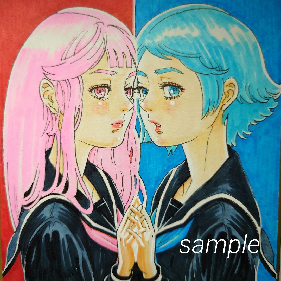 【手描きイラスト 006】/オリジナル色紙「緋と蒼」