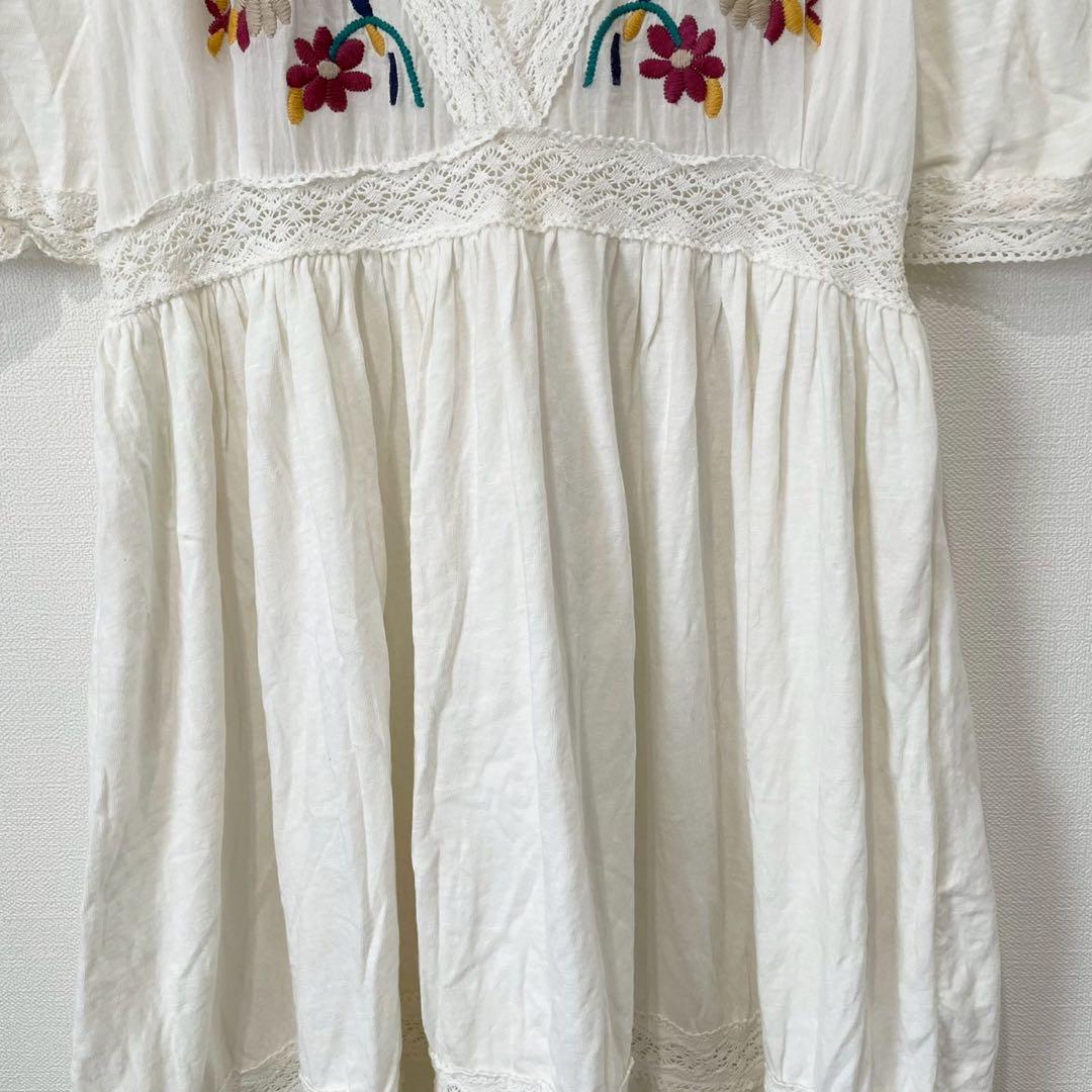 マイワールド 刺繍レース ロング ワンピース コットン100% V