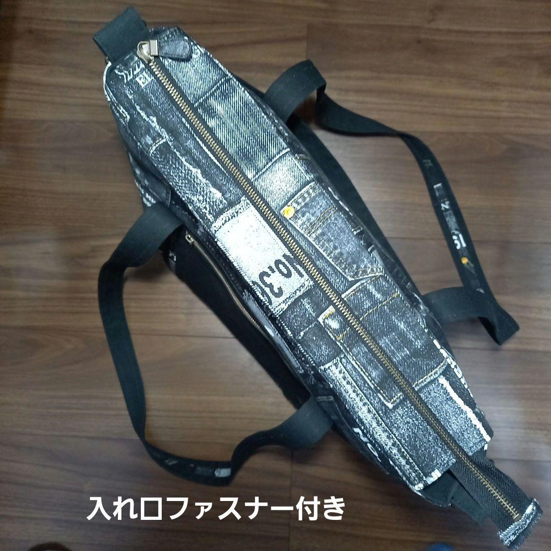 デニム調プリントブラック＊デザイン持ち手の2way バッグ