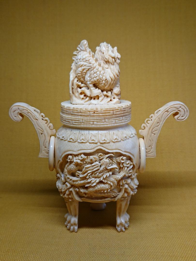 訳あり 【美品】龍　彫刻　香炉　天然素材　置物　インテリア　工芸品　美術品　A3228