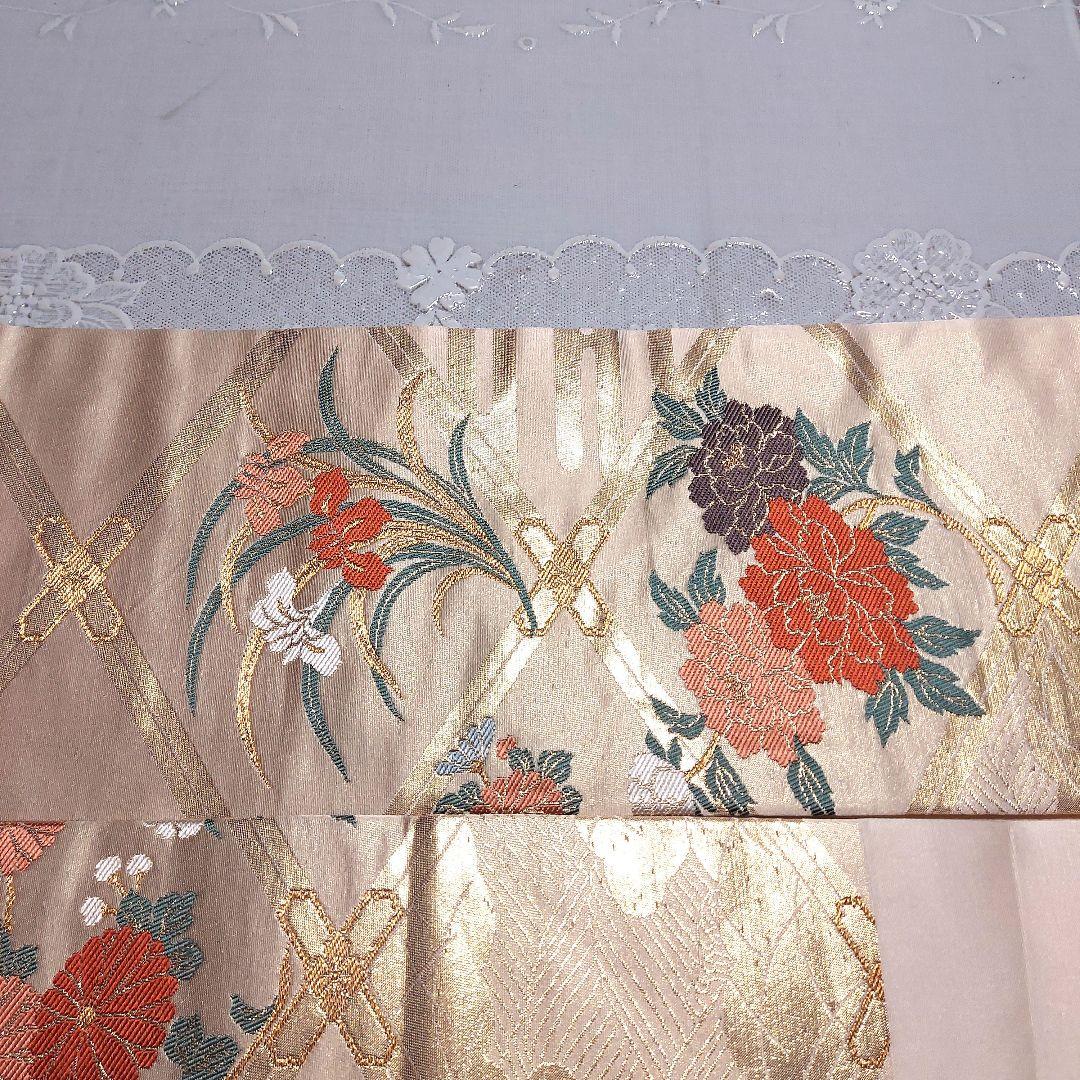 名古屋帯 正絹 花柄 金糸 刺繍 ベージュ 未使用 - メルカリ