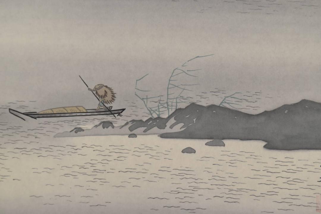 大森玉翠/湖畔漁師図/掛軸☆宝船☆AB-374 - 絵画/タペストリ