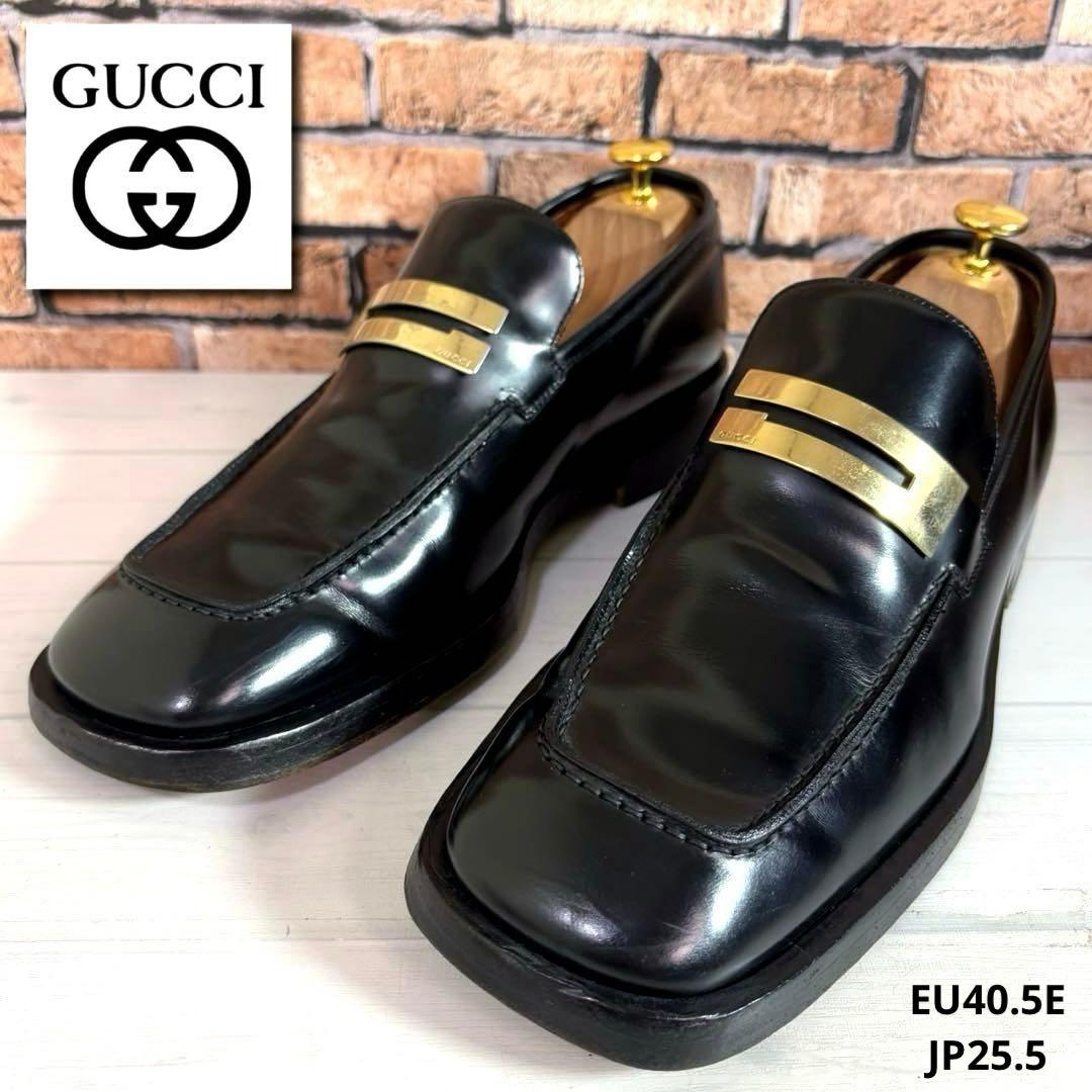90s GUCCI ビットローファー スクエアトゥGプレート グッチ25.5cm GUCCI