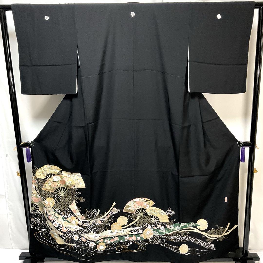 C741正絹　鈴乃屋　黒留袖　比翼付　五つ紋　作家物落款　金駒刺繍　金箔　着物
