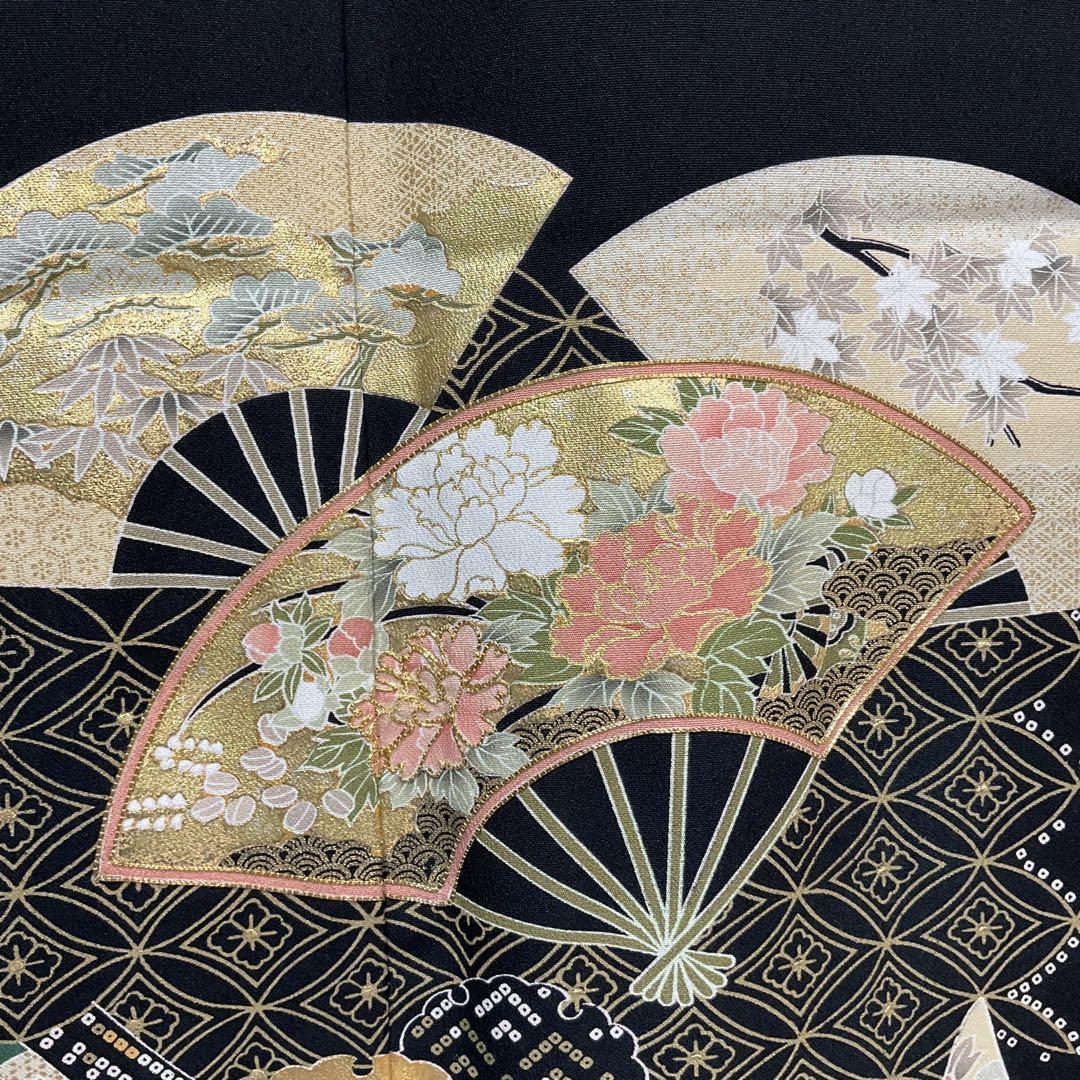 C741正絹　鈴乃屋　黒留袖　比翼付　五つ紋　作家物落款　金駒刺繍　金箔　着物