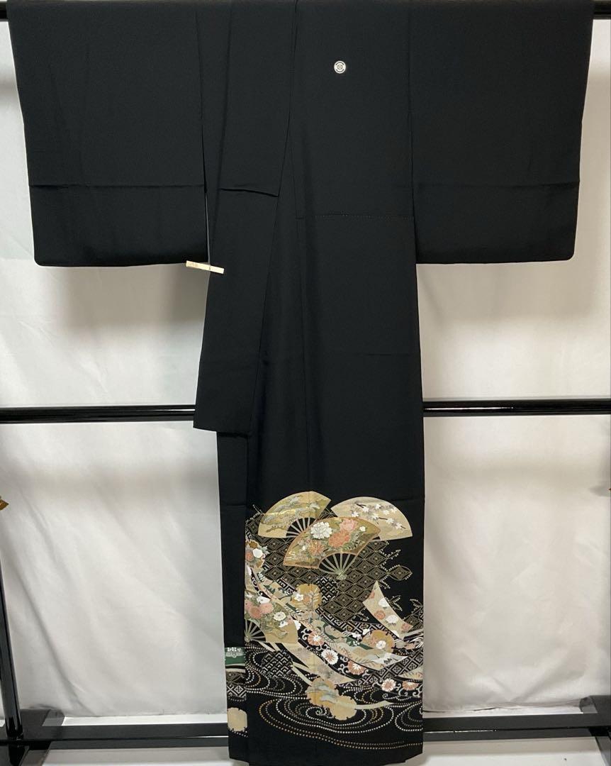 C741正絹　鈴乃屋　黒留袖　比翼付　五つ紋　作家物落款　金駒刺繍　金箔　着物