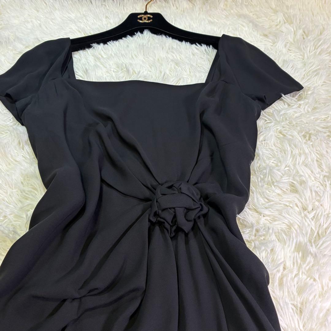 セリーヌ　ロングワンピース　ドレープ　花モチーフ　シルク　黒　38