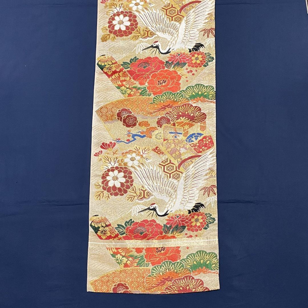 アンティーク 丸帯 正絹 全通柄 金糸 鶴 菊 梅 松 鷹 FO-569共