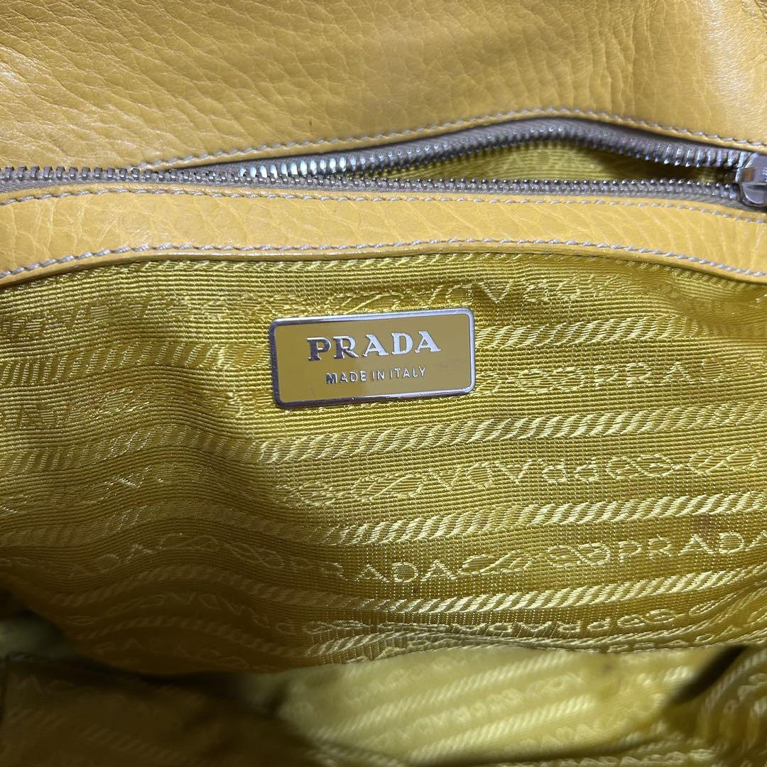 プラダ PRADA トートバッグ ストライプ シボレザー リザード 黄色