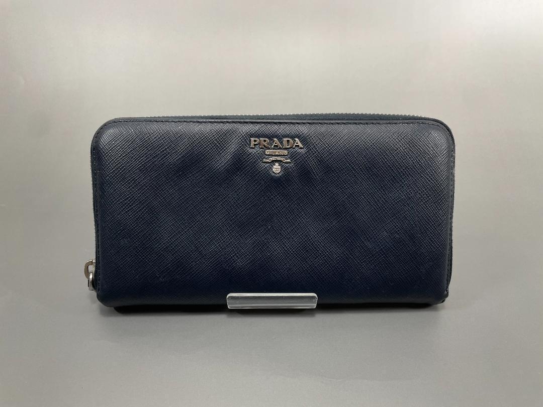 【美品】PRADA サフィアーノ レザー ラウンドファスナー 長財布 ネイビー