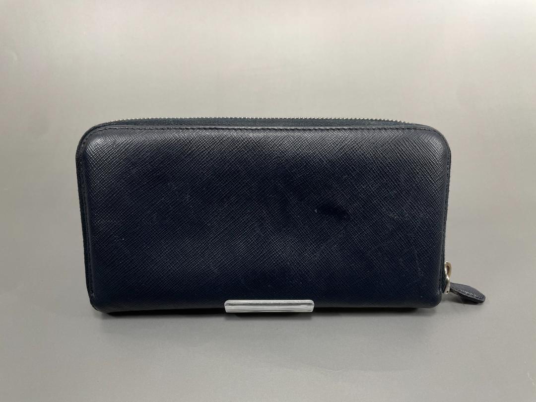 【美品】PRADA サフィアーノ レザー ラウンドファスナー 長財布 ネイビー