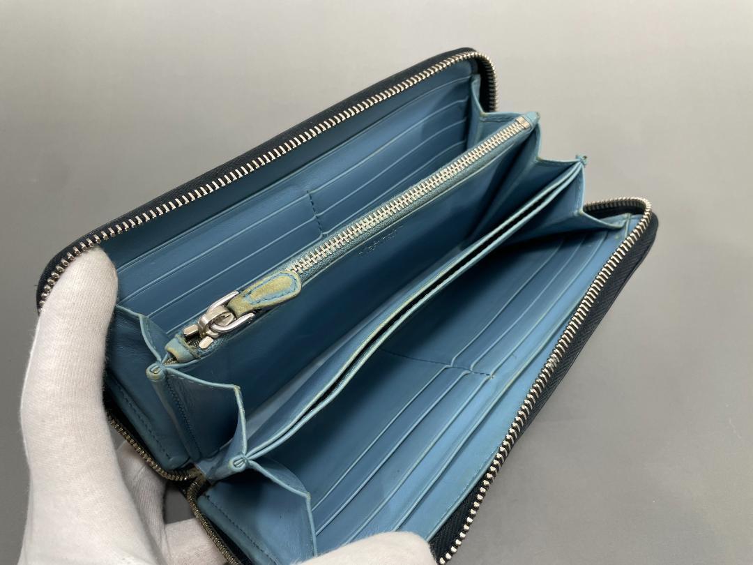 【美品】PRADA サフィアーノ レザー ラウンドファスナー 長財布 ネイビー