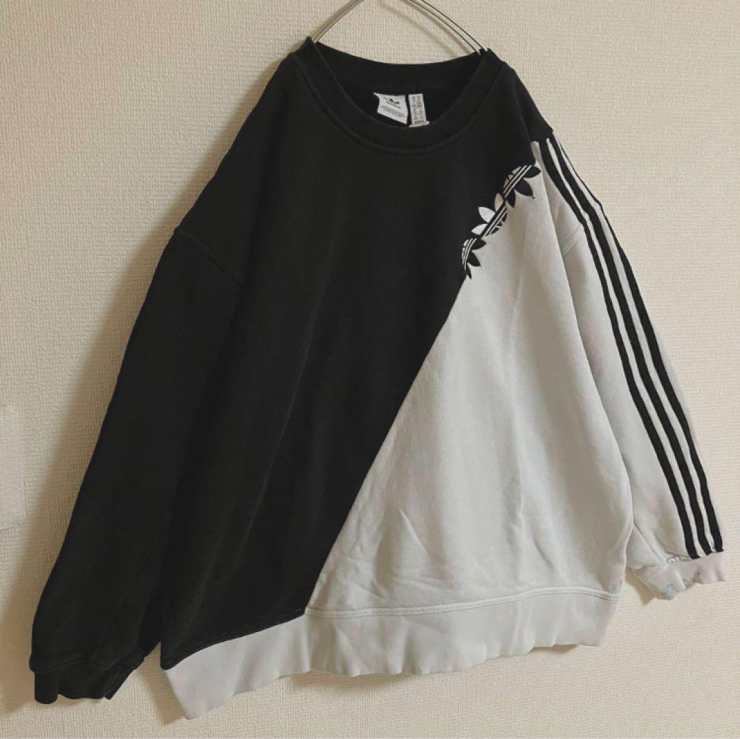 adidas 刺繍ロゴ grungeスウェット ダメージ 3ライン袖太バイカラー