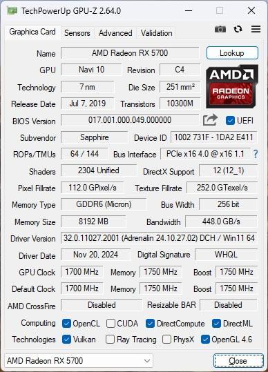 グラフィックボード・グラボ・ビデオカード Sapphire Radeon RX 5700 8GB