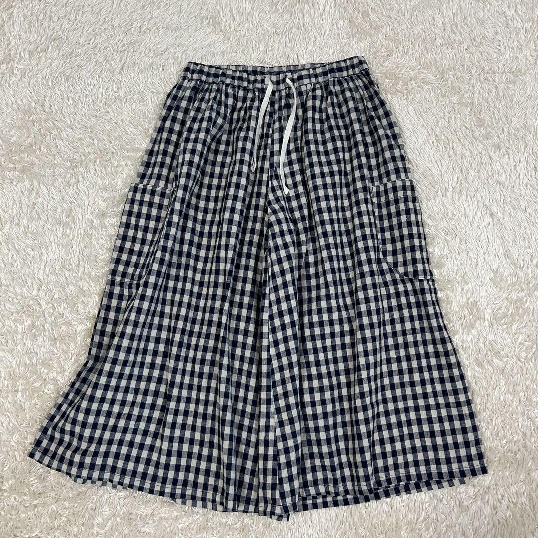 【美品】ichi ギンガムチェック ガウチョパンツ コットン リネン