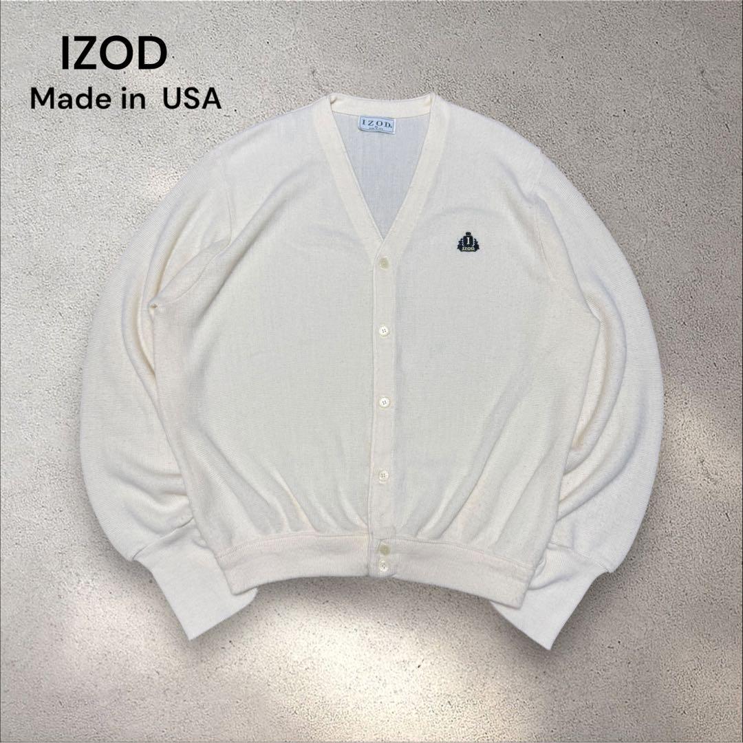 USA製　IZOD Vネックアクリルボタンカーディガンホワイト　刺繍ロゴ