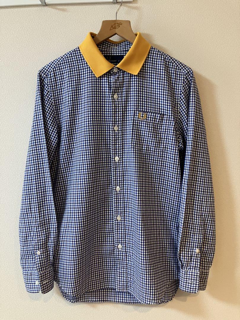 美品】Fred Perry 青白ギンガムチェック ダブルカラー長袖シャツ