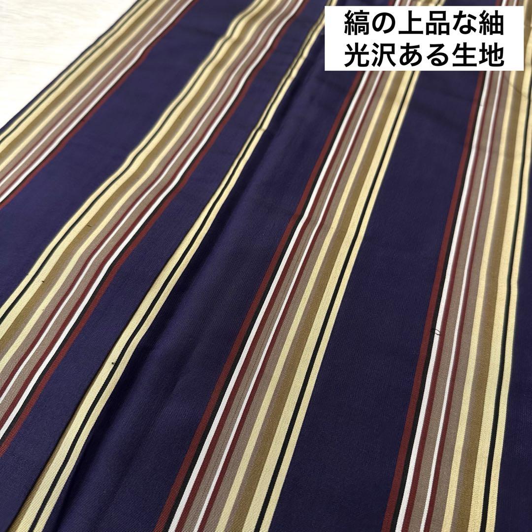 紬 正絹 縦縞模様 落着いた色味 広衿 袷 着物TT-2301