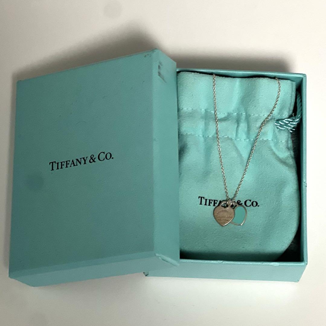 【Tiffany】 ブルー ダブル ハート タグ ペンダント