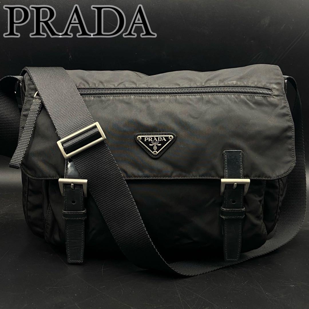 プラダ 三角ロゴ ダブルフラップ ショルダーバッグ ブラック ナイロン